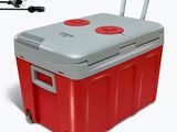 a red and gray cooler with wheels on a white background