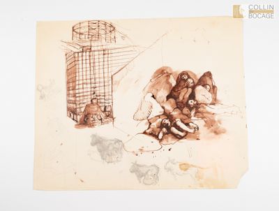 un dessin représentant un ange et un oiseau dans une cage