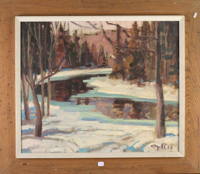 une image représentant un tableau représentant un paysage enneigé avec un pont