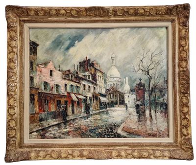 a painting of a street scene with a church in the background