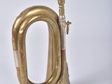 a brass instrument that is sitting on a white surface
