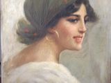 tableau représentant une femme coiffée d'un chapeau vert et vêtue d'une robe blanche