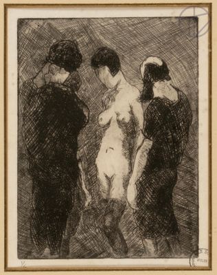 an image of a black and white drawing of three people