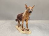 a fake hyena standing on top of a rock