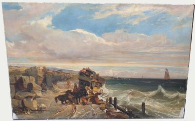 une peinture représentant un groupe de personnes sur la plage
