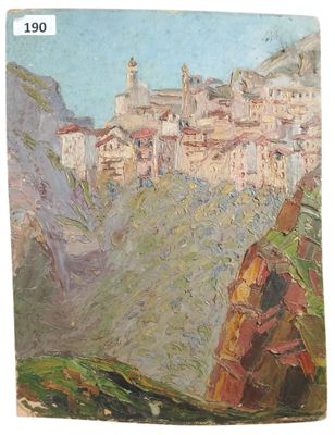 an image of a painting of a village in the mountains
