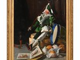 un tableau représentant un clown assis sur une chaise avec un tambour