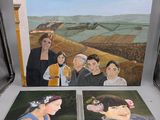 tableau représentant une femme et trois autres femmes dans un champ, avec des collines en arrière-plan