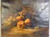 painting of a still life of peaches and grapes on a table