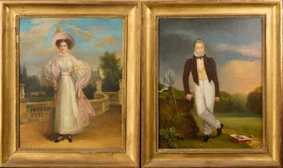 two paintings of a man and a woman standing next to each other