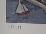 a picture of a painting of a man and a boat on the water