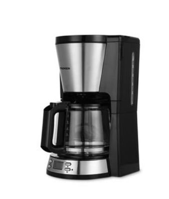 a black and silver coffee maker on a white background
