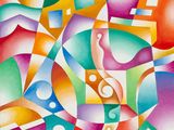 une peinture représentant des formes et des lignes colorées sur fond blanc