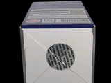 a white box with a blue and white design on it