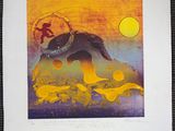 an image of a painting of a man riding a horse in the sunset