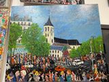 tableau représentant une foule de personnes marchant dans une rue devant une église