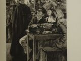 an old picture of a group of people sitting around a table