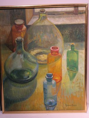 a painting of a still life with bottles on the table