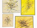 three paintings of yellow and black are hanging on a wall