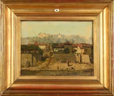 a painting of a painting of a village in a gold frame