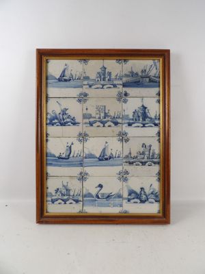 a picture of a blue and white tile with boats on it
