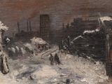 an oil painting of a snowy street scene with people walking in the snow