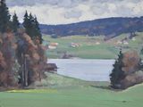 peinture représentant un paysage avec un lac et des arbres au premier plan