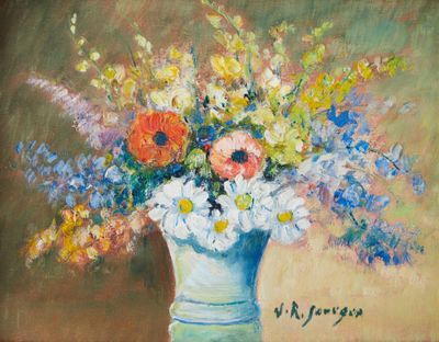 une peinture de fleurs dans un vase sur une table
