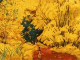 painting of yellow flowers in a field with a red chair in the foreground