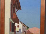 une image représentant une peinture d'une rue avec un bâtiment en arrière-plan