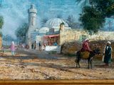 painting of a street scene with a man on a donkey in front of a mosque