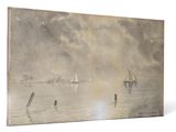 an image of a painting of sailboats in the water on a foggy day