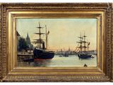 une peinture à l'huile représentant une scène portuaire avec des bateaux dans l'eau