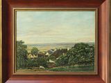 a painting of a landscape with houses and trees in the foreground