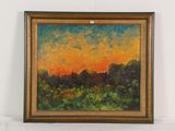 une peinture à l'huile représentant un coucher de soleil sur un champ bordé d'arbres