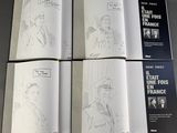 three pages of a book with a drawing of a man in a hat