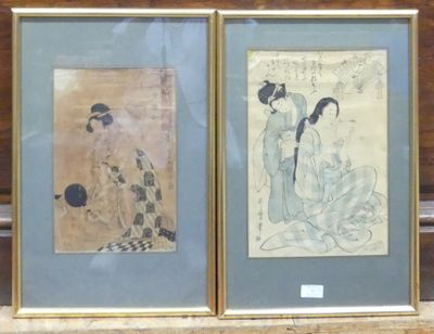 two framed asian paintings of women sitting on a bench in front of a wooden wall
