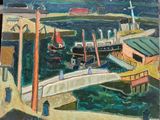 un tableau représentant des bateaux dans un port, avec un pont