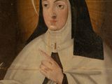 an image of a painting of a nun holding a cross