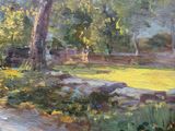 a painting of a park with a pond and trees