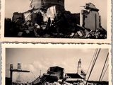 two black and white photos of a building that has been destroyed