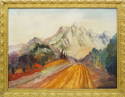 une peinture à l'huile d'un paysage avec une montagne en arrière-plan