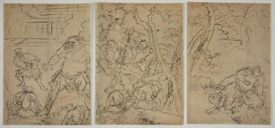 three drawings of a man and a woman in a garden