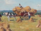 an oil painting of a man on a horse drawn cart in a field