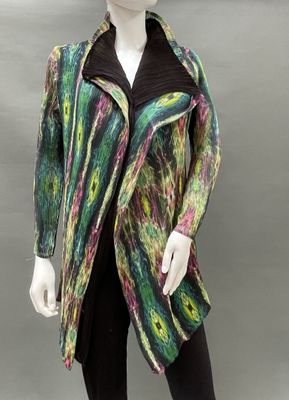 an image of a mannequin wearing a multicolored jacket and black pants