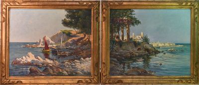 two paintings of boats on the water near rocks and trees