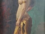 an oil painting of a woman with a red headband standing in front of a blue wall