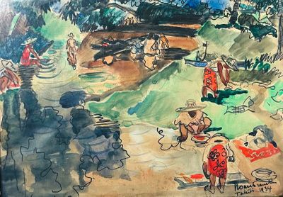 un dessin représentant un tableau où l'on voit des personnes dans un champ