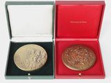 two gold medals in a red box on a white surface