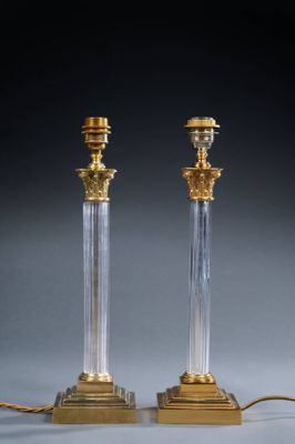 pair of antique brass and crystal candlesticks